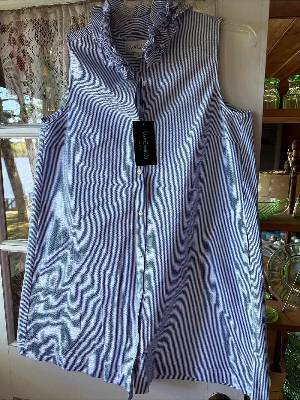 Sara Campbell Blue and White Striped Sleeveless Ruffle Collar Shirt Dress - Picture 2 of 4